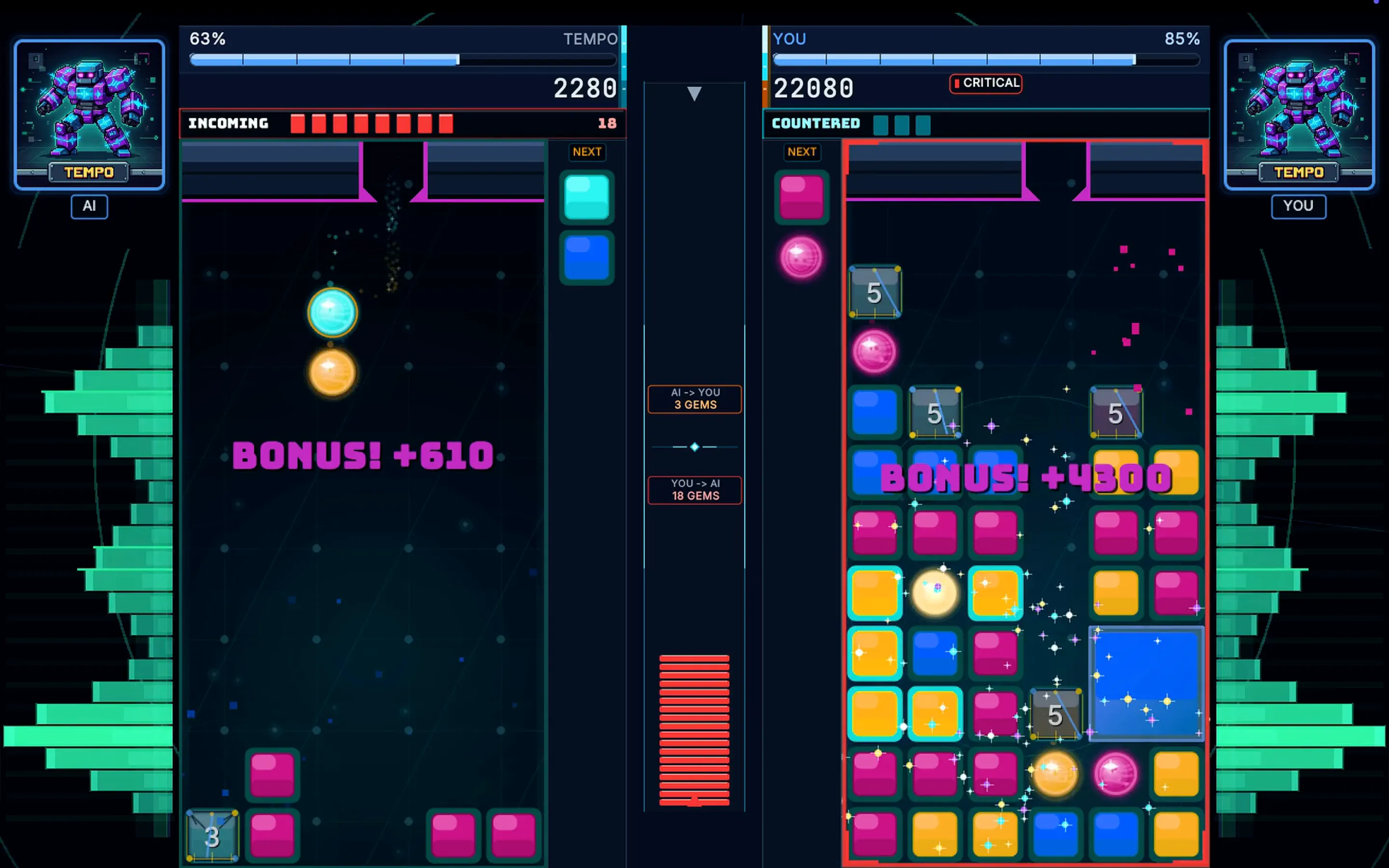 ChonkBlocker 1.0 gameplay with both boards fully visible during a 4,300-point bonus
