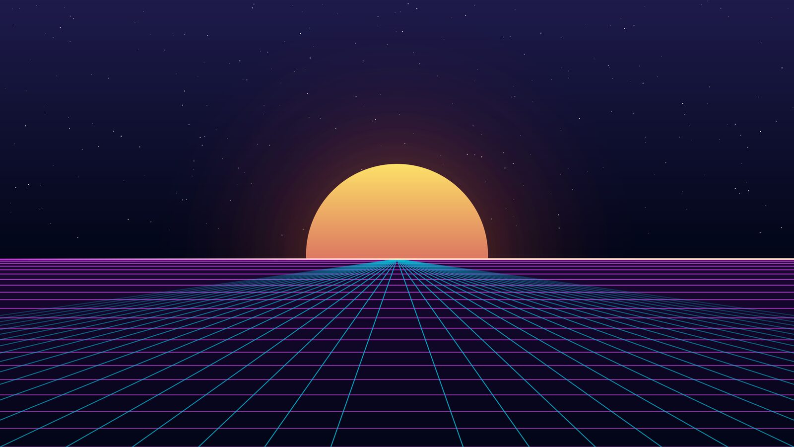 Synthwave horizon: amber sun over a magenta-and-cyan perspective grid