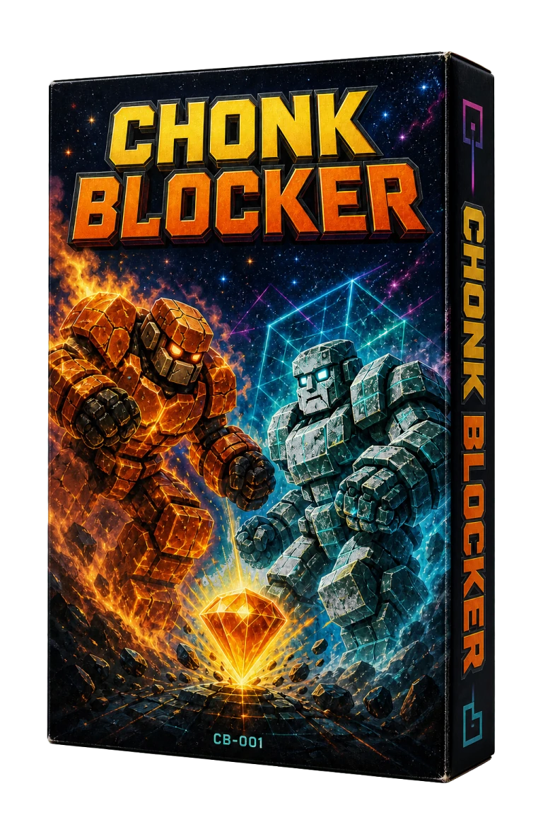 Illustrated Chonk Blocker game box featuring Cinder and Lattice charging toward an amber crystal