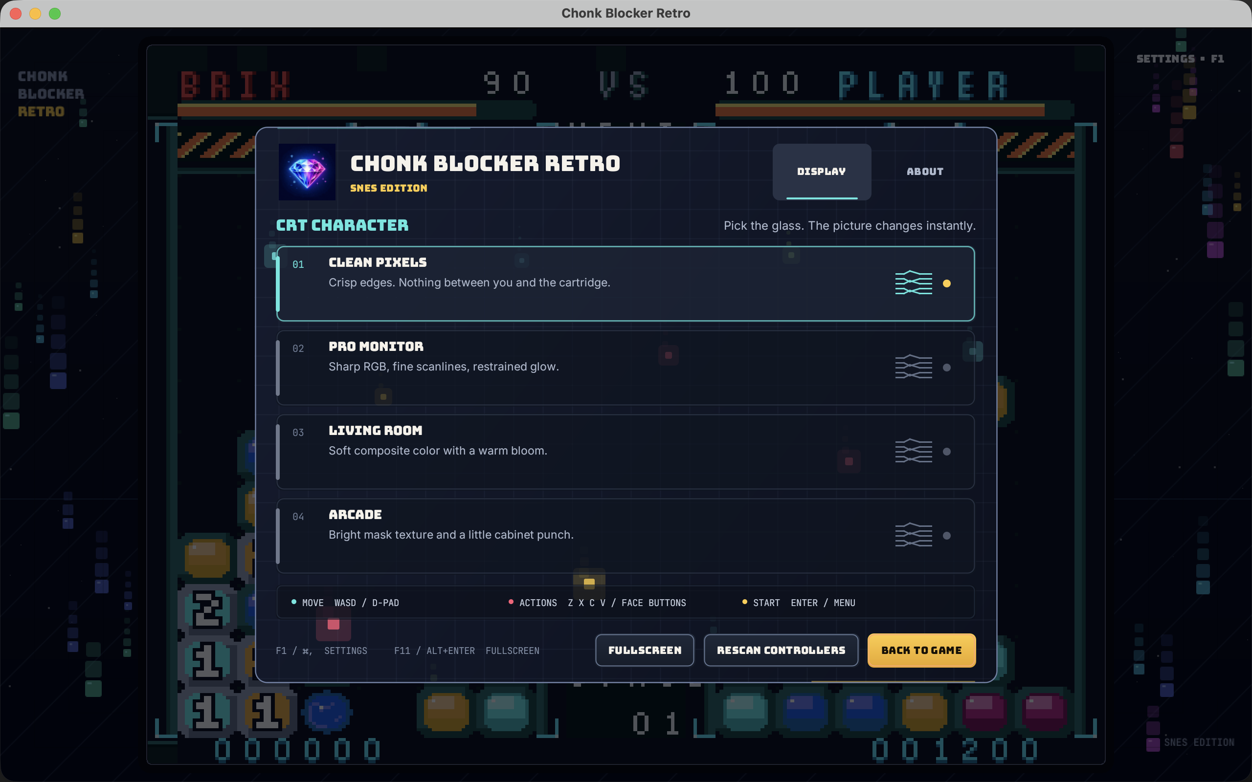 Chonk Blocker Retro native CRT settings with the game visible behind the panel